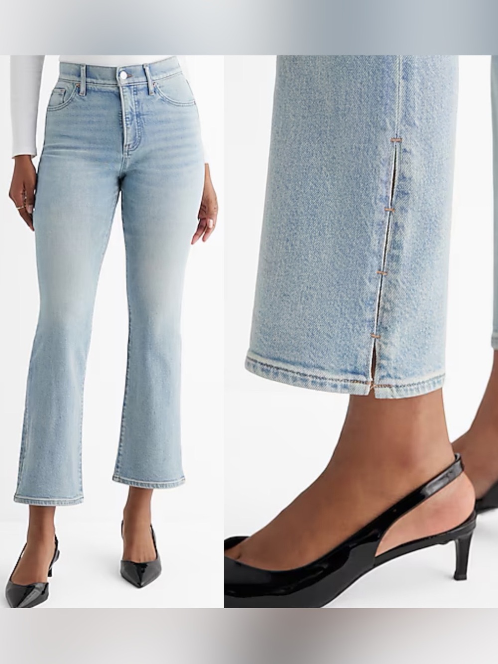 High Waisted Light Wash Slit Hem Cropped Flare Jeans Size 10 Long